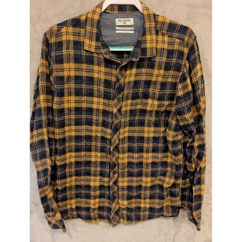Billabong Flannel Shirt Mens L Blue Yellow Plaid Core Fit Stretch